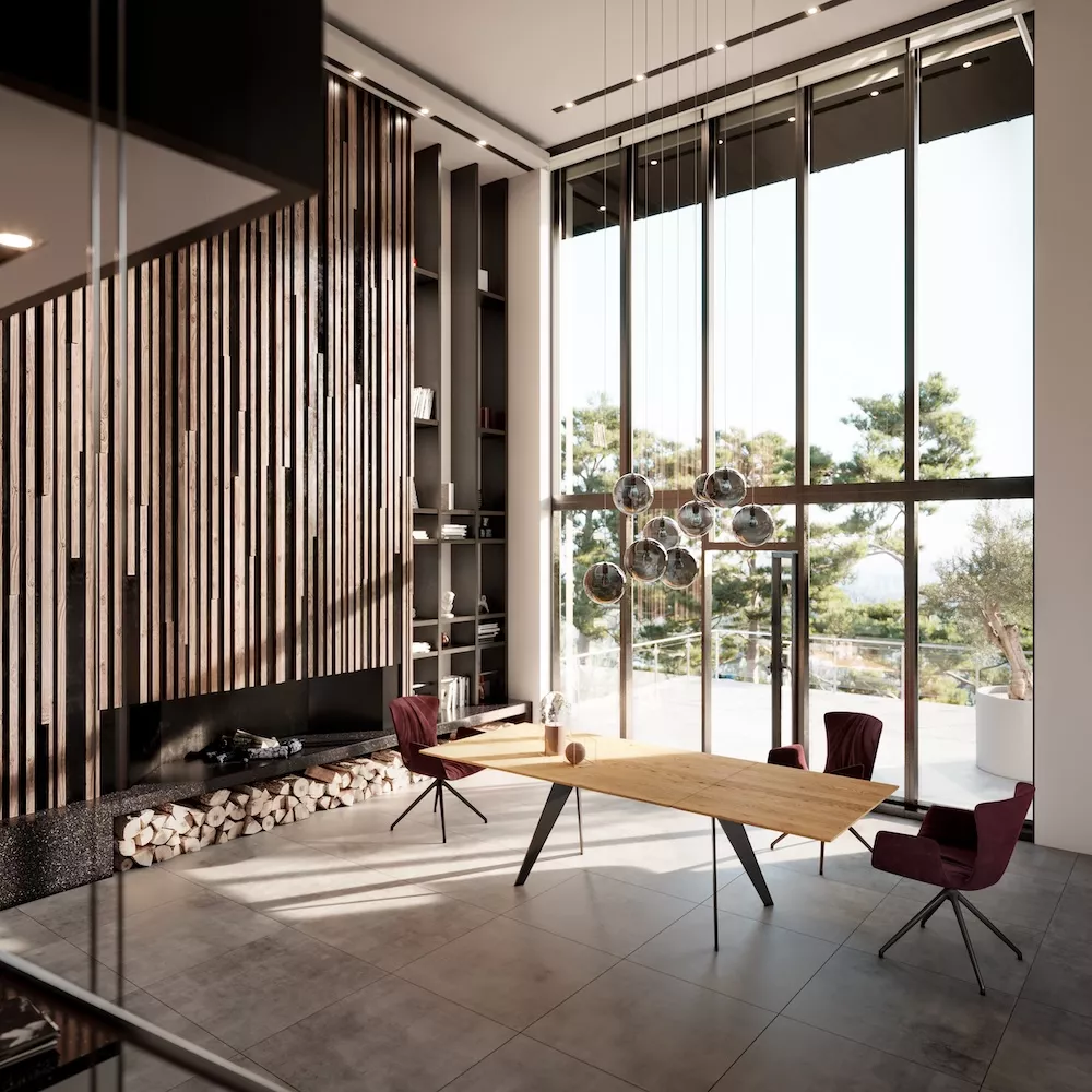 Der Atlas Draenert Esstisch ausziehbar aus Naturholz steht in einem modernen Wohnzimmer mit großen Fenstern und stilvollen roten Stühlen.