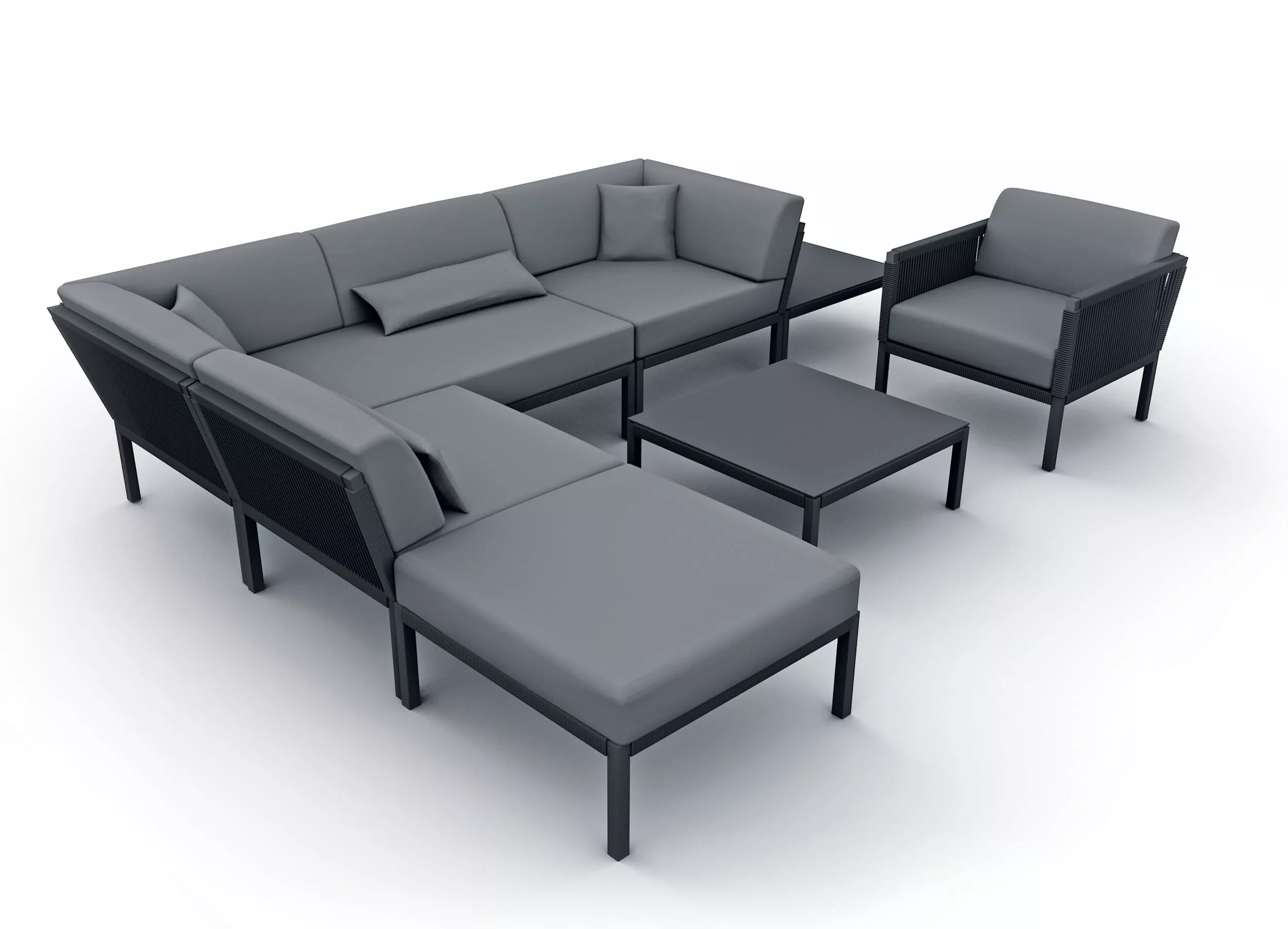 Solpuri Club Arrangement bestehend aus einer grauen Eckcouch einem Sessel und einem Couchtisch auf weißem Hintergrund.