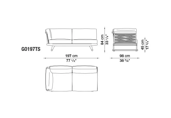 B&B Italia Gio Gartensofa Eckmodul 197 cm links technische Zeichnung mit Maßen und Ansichten von vorne seitlich und oben