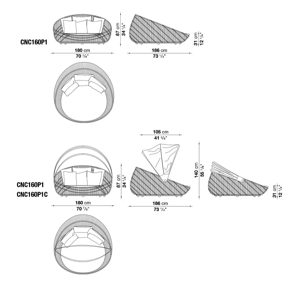 Technisches Datenblatt der B&B Italia Canasta 13 Outdoor Sofainsel mit Rollen 180 cm mit Abmessungen und Ansichten von verschiedenen Perspektiven