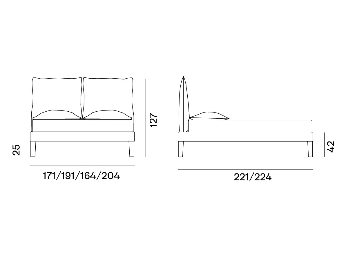 Technische Zeichnung des Gervasoni Betts Fly mit Maßen in Breite Höhe und Tiefe ohne Hintergrund