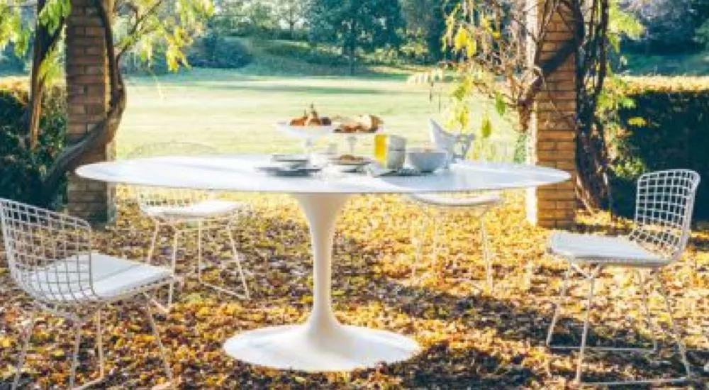 Runder weißer Knoll Saarinen Esstisch mit vier Bertoia Stühlen auf herbstlichem Gartenhintergrund, gedeckt für ein Frühstück im Freien.