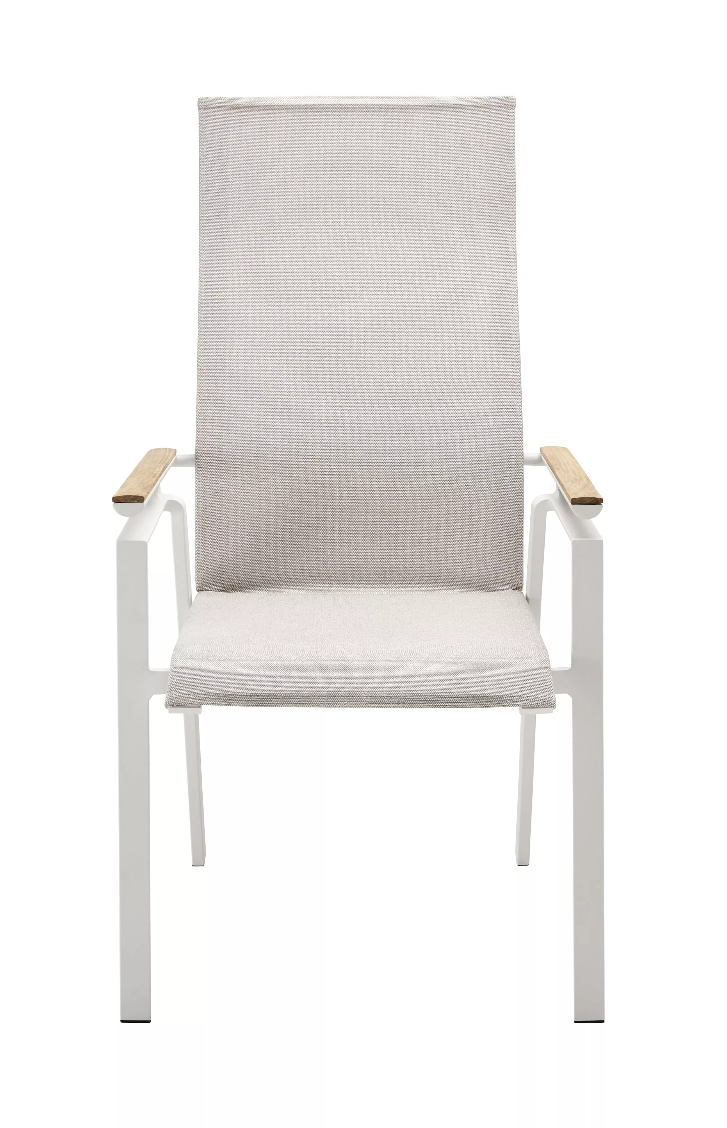 Solpuri Soul Verstellsessel in Weiß mit Holzarmlehnen vor weißem Hintergrund