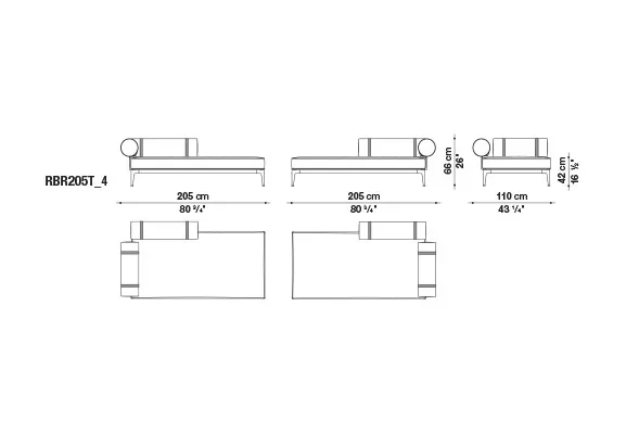 Technisches Datenblatt des B&B Italia Ribes Loungemoduls rechts mit den Maßen 205 cm Länge 68 cm Höhe und 110 cm Tiefe.