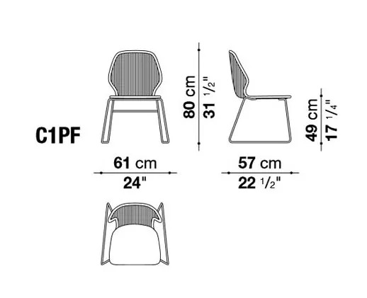 B&B Italia Crinoline Outdoor Gartenstuhl mit Polyethylenfasergeflecht 61 cm technische Zeichnung mit Maßen in cm und Zoll