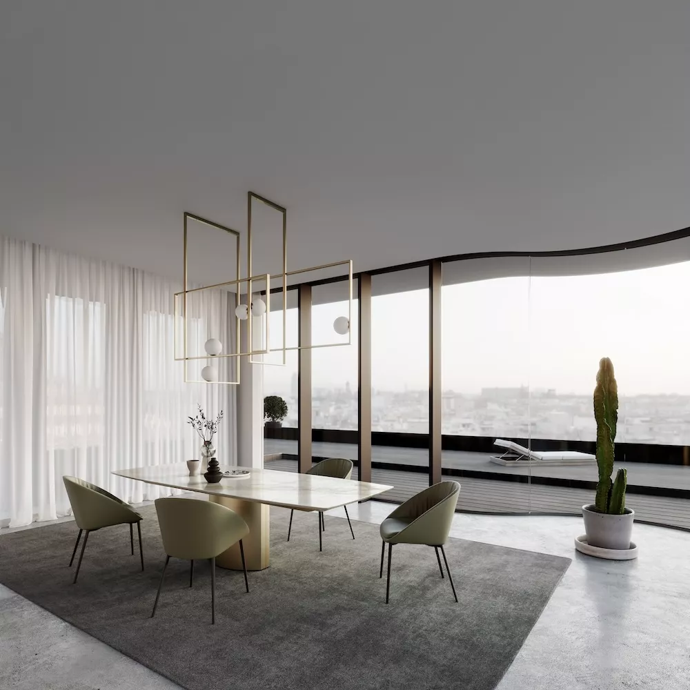 Esszimmer mit Draenert Tisch und Stühlen in modernem Design mit großem Fenster und Blick auf die Stadt im Hintergrund