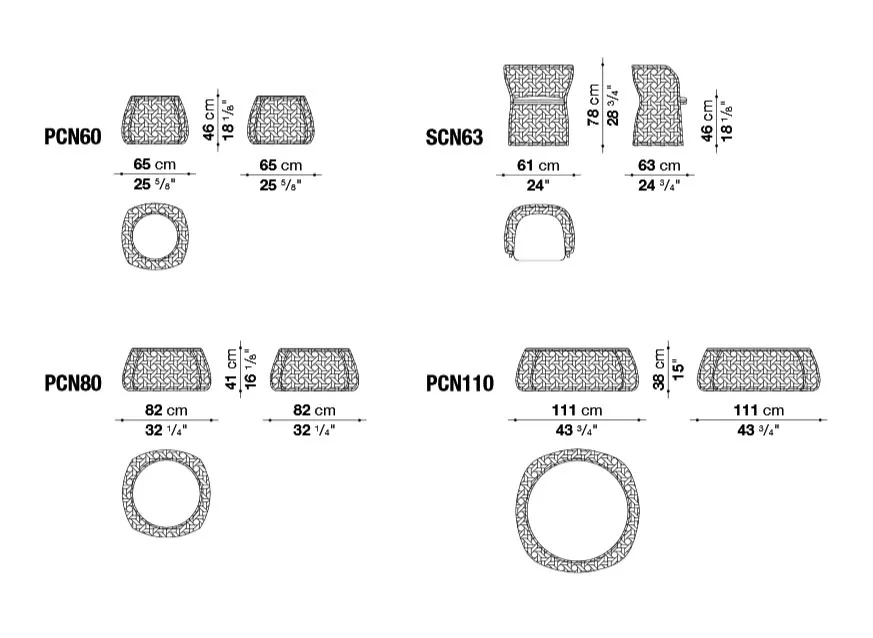 Technisches Datenblatt für B&B Italia Canasta Outdoor Beistelltisch oder Loungetisch mit verschiedenen Größen und Abmessungen