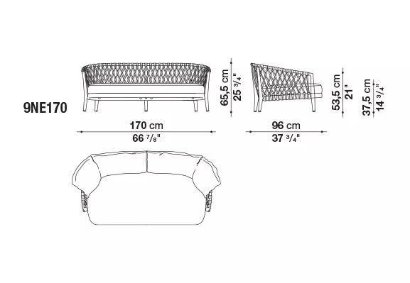Technisches Datenblatt des B&B Italia Erica 19 Outdoor 2-Sitzer Sofas mit den Maßen 170 cm Breite 96 cm Tiefe und 65.5 cm Höhe.
