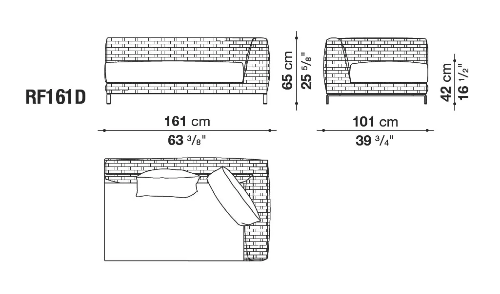 B&B Italia Ray Outdoor Fabric Endmodul rechts 161 cm technische Zeichnung mit Maßen und Details zur Größe und Höhe des Moduls