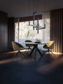 Vier Trilope Stühle und ein Draenert Tisch in einem modernen Esszimmer mit großen Fenstern und stilvoller Beleuchtung 