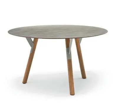 Varaschin Link table de jardin pieds en teck et piètement en acier inoxydable Ø 130 cm configurable