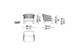 B&B Italia Erica Loungesessel 80 cm technische Zeichnung mit Maßen und Ansichten von vorne seitlich und oben