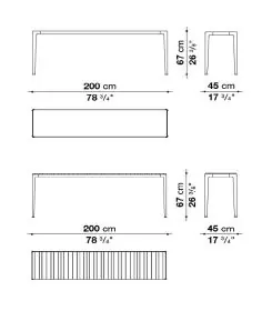 Technisches Datenblatt der B&B Italia Mirto Outdoor Konsole mit 200x45 cm Tischplatte aus Aluminium oder Iroko mit Maßen und Ansichten