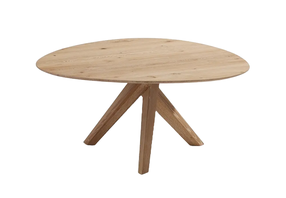 Der Trilope Tisch von Draenert aus Holz hat eine runde Tischplatte und ein dreibeiniges Gestell ohne Hintergrund.