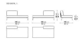 Technische Zeichnung des B&B Italia Ribes Loungemodul Bank links 190 cm mit Maßen und Ansichten von vorne seitlich und oben