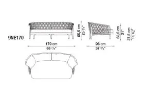 Technisches Datenblatt des B&B Italia Erica 19 Outdoor 2-Sitzer Sofas mit den Maßen 170 cm Breite 96 cm Tiefe und 65.5 cm Höhe.